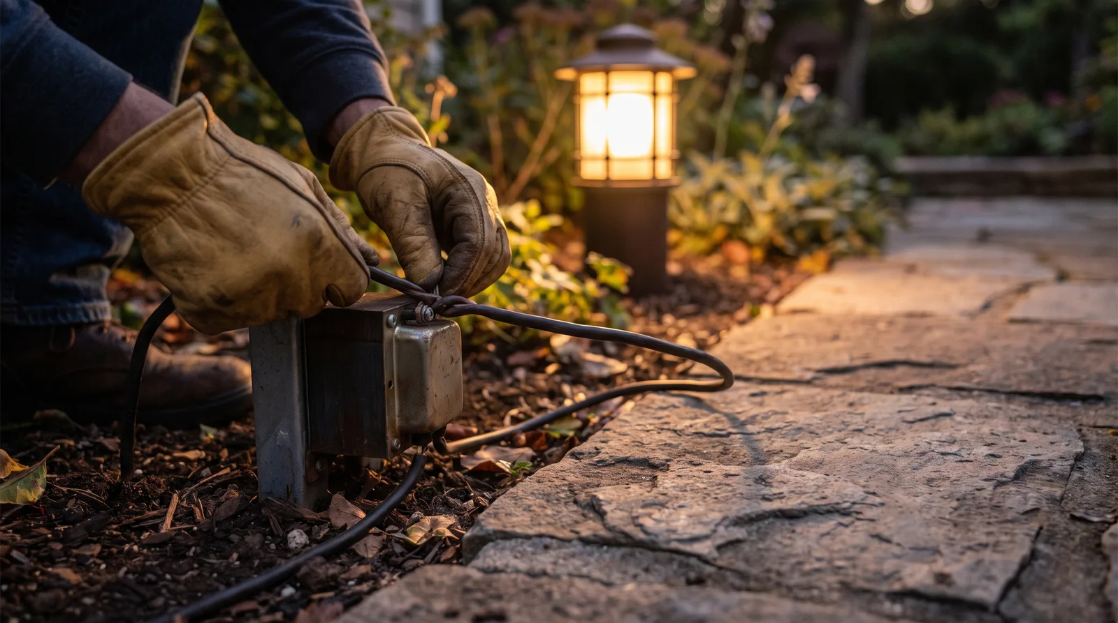 Detail einer 12-Volt-Gartenbeleuchtung: steckbares Niedervolt-Kabel und kleine Wegeleuchte im Beet
