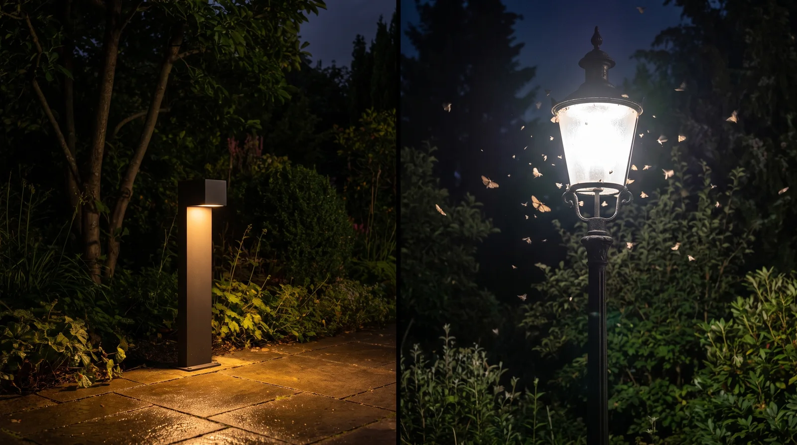 Vollständig abgeschirmte Gartenleuchte mit warmem Amber-Licht, das nur nach unten fällt, darüber dunkler Nachthimmel