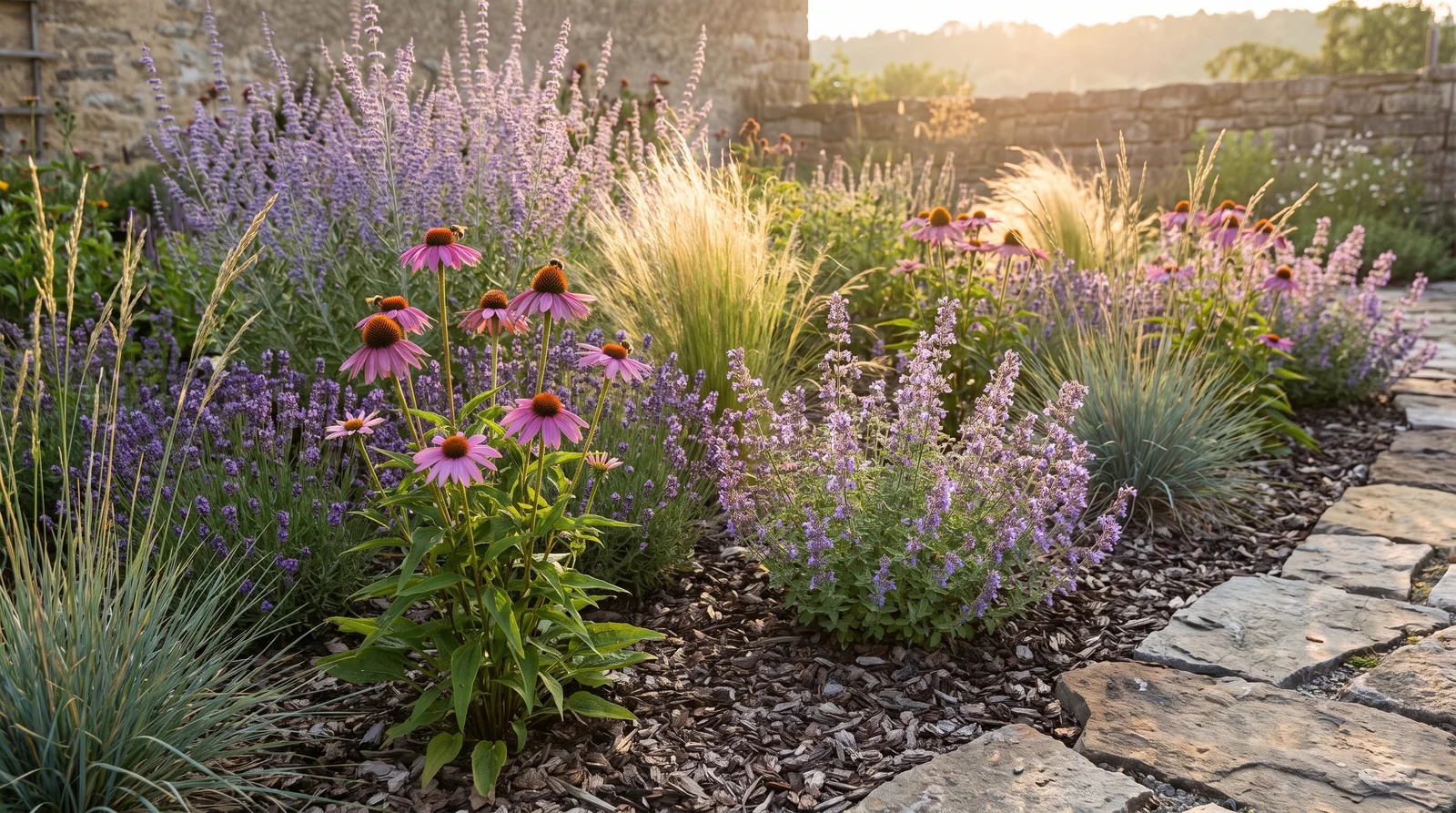 Hitzerobustes Staudenbeet in voller Sommersonne mit Sonnenhut, Lavendel, Katzenminze und Gräsern auf gemulchtem Boden