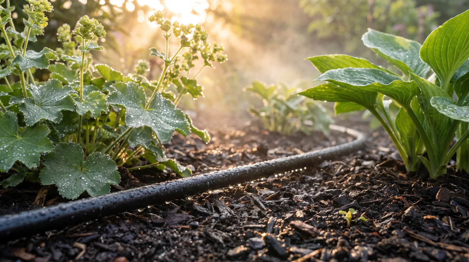 Tropfbewässerung am frühen Morgen: feine Wassertropfen am Fuß von Stauden auf dunklem, feuchtem Mulch im warmen Sonnenaufgangslicht