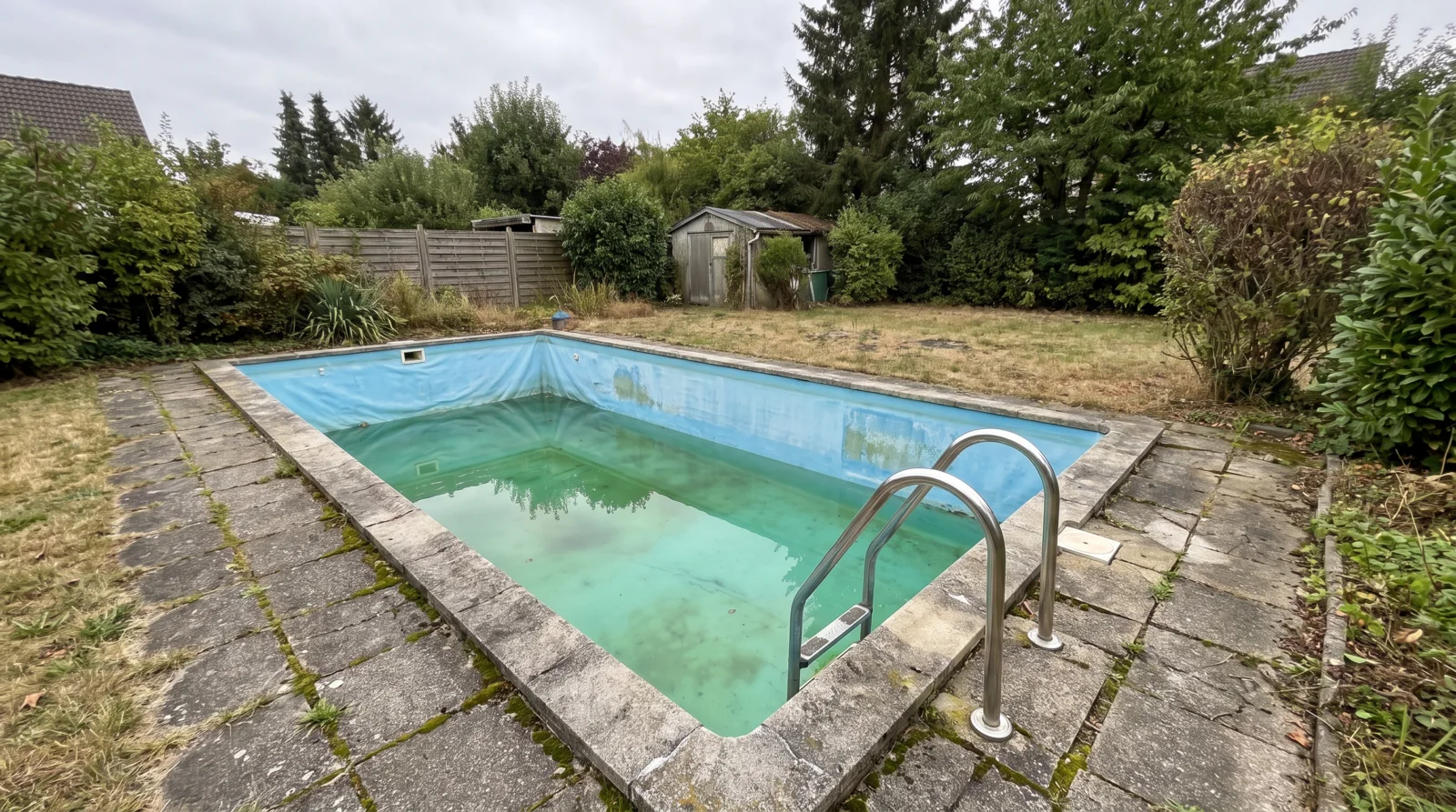 In die Jahre gekommener Chlorpool mit verblasster Folie in einem Privatgarten vor dem Umbau (Symbolbild)