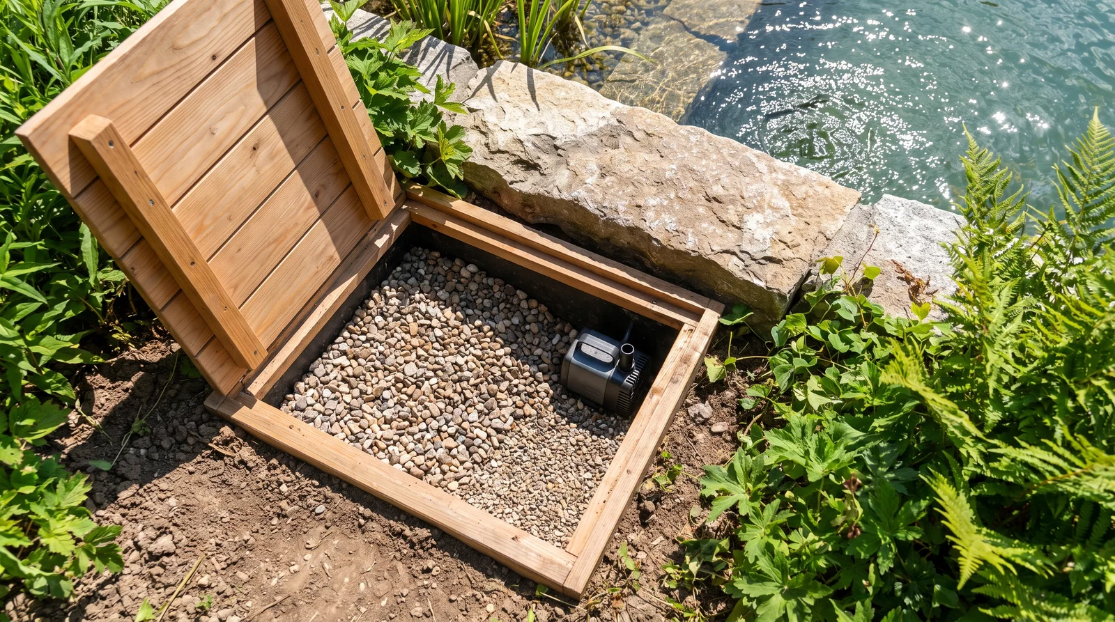 Kompakter Biofilter-Schacht neben einem Naturpool, geöffnet mit Kies-Filterschichten und Pumpe (Symbolbild)