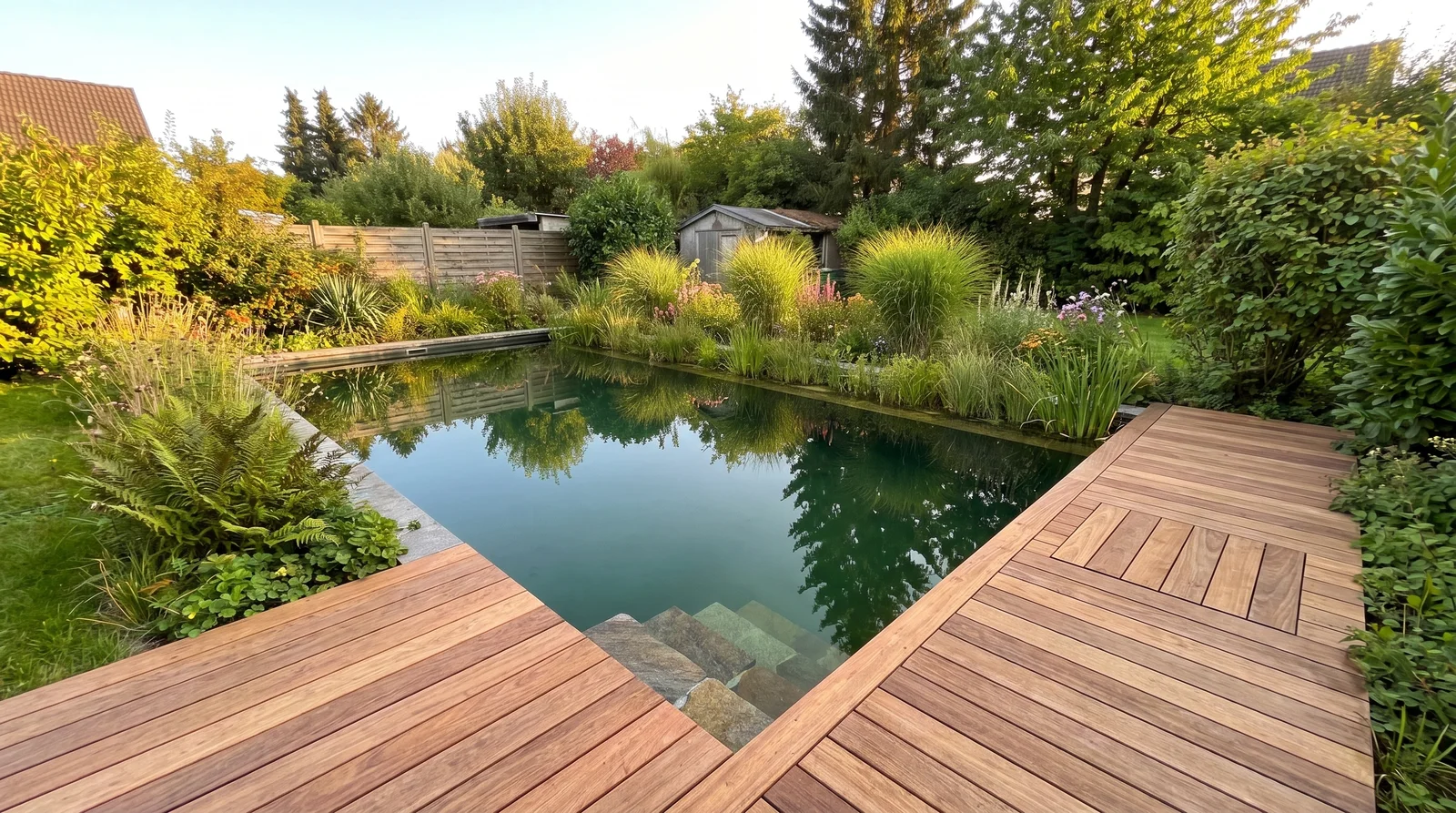 Derselbe Pool nach der Umrüstung zum Naturpool mit Holzdeck und bepflanzter Beckenkante (Symbolbild)