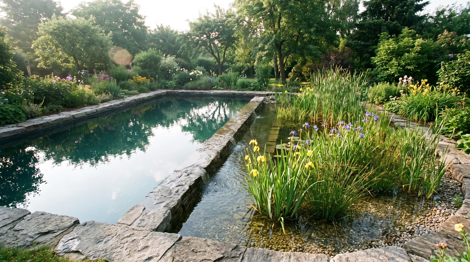 Zum Schwimmteich umgebauter Pool mit überströmter Trennwand und bepflanzter Regenerationszone (Symbolbild)