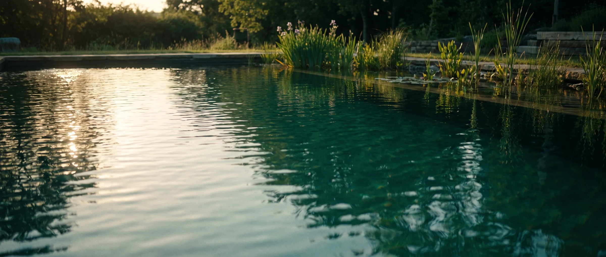 Klare, leicht gekräuselte Wasseroberfläche eines Schwimmteichs im Sommerlicht